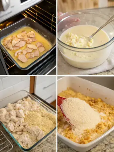 Step-by-step preparation of Ritz Cracker Chicken Casserole, including mixing ingredients and preparing the baking dish.