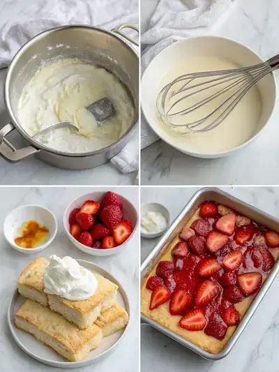 Step-by-step preparation of strawberry eclair cake, showcasing the filling, pudding mixture, layering process, and chocolate glaze.