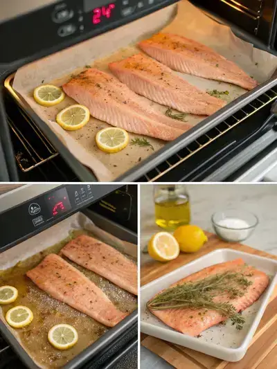 Step-by-step preparation of trout fillet, showcasing preheating the oven, seasoning the fillets, and baking them.