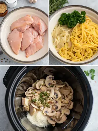 Step-by-step preparation of Slow Cooker Chicken Stroganoff, showcasing raw ingredients, cooking process, and the final dish served over egg noodles.