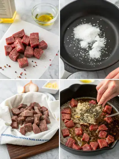 Step-by-step process of preparing beef cubes, from seasoning to cooking and serving.