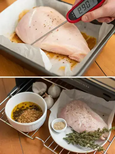 Step-by-step preparation of bone turkey breast, including preheating the oven, preparing the turkey, mixing spices, and roasting.
