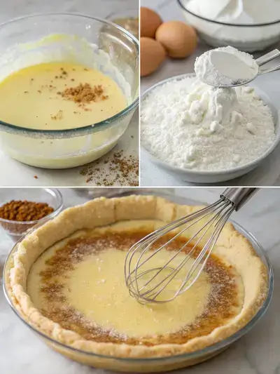 Step-by-step preparation of Buttermilk Pie, including mixing ingredients and filling the pie crust.