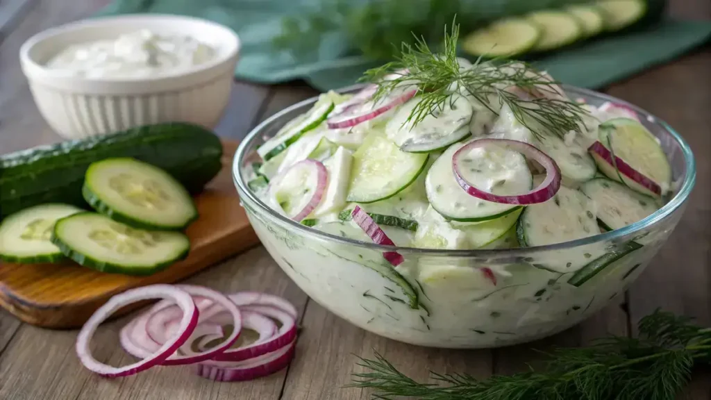 A bowl of creamy cucumber salad with sliced cucumbers and red onions, garnished with dill.