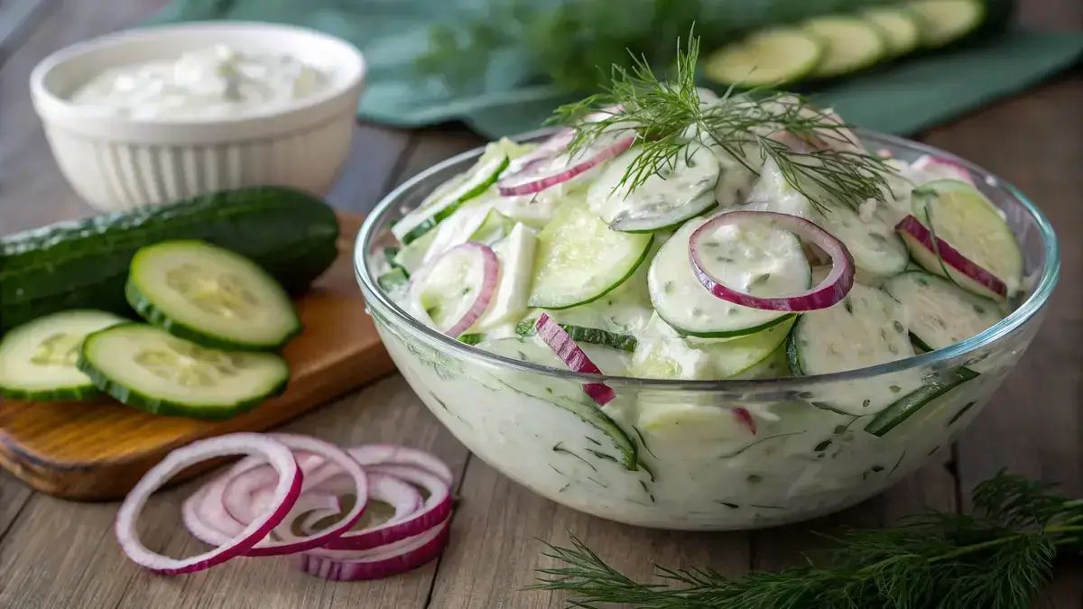 A bowl of creamy cucumber salad with sliced cucumbers and red onions, garnished with dill.