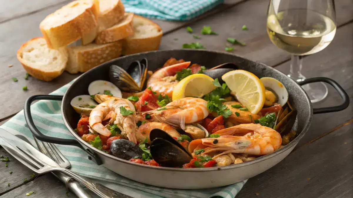 A delicious seafood mix sautéed with garlic and garnished with parsley and lemon juice.