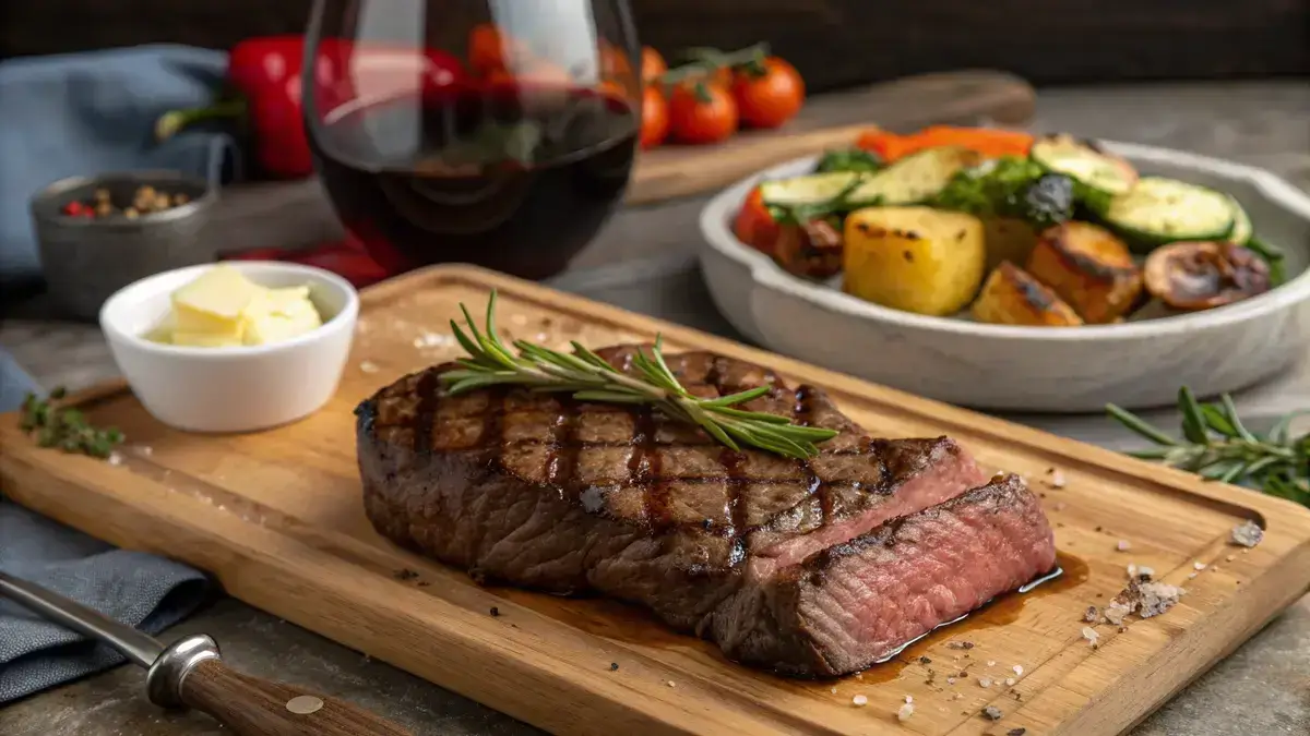 Perfectly cooked angus beef steak with rosemary and butter on a cutting board.