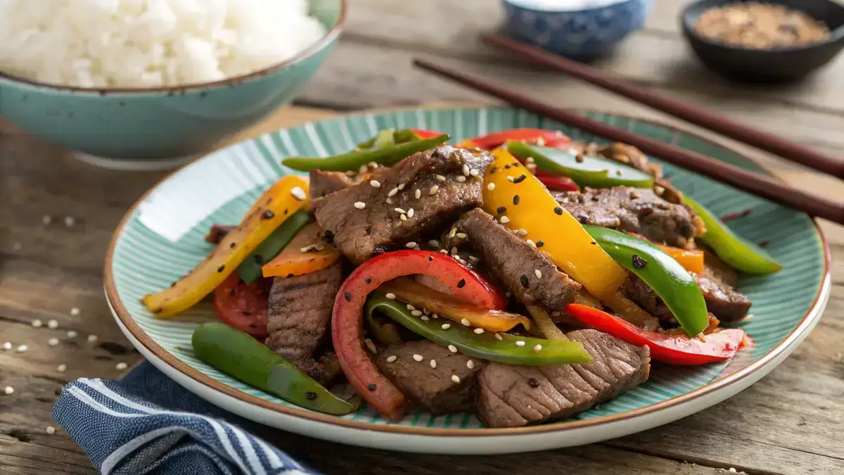 Delicious Pepper Steak with bell peppers and onions served on a wooden table.