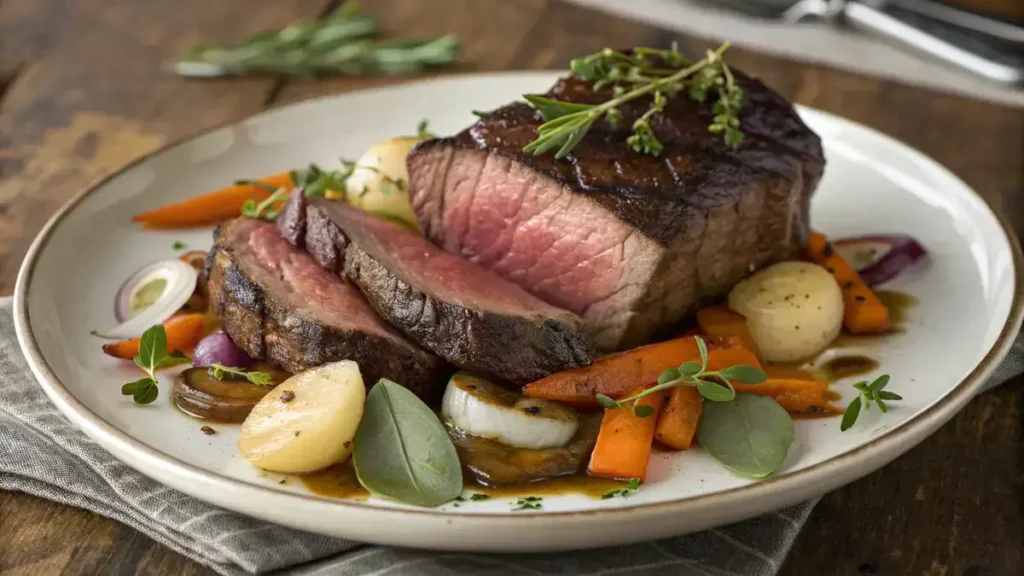 A delicious beef chuck steak with sautéed vegetables and herbs on a rustic wooden table.