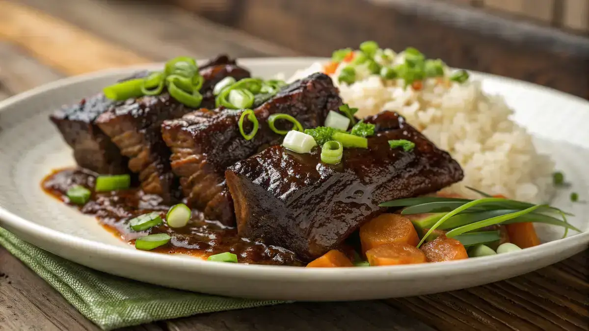 Delicious beef short ribs garnished with green onions on a wooden table.