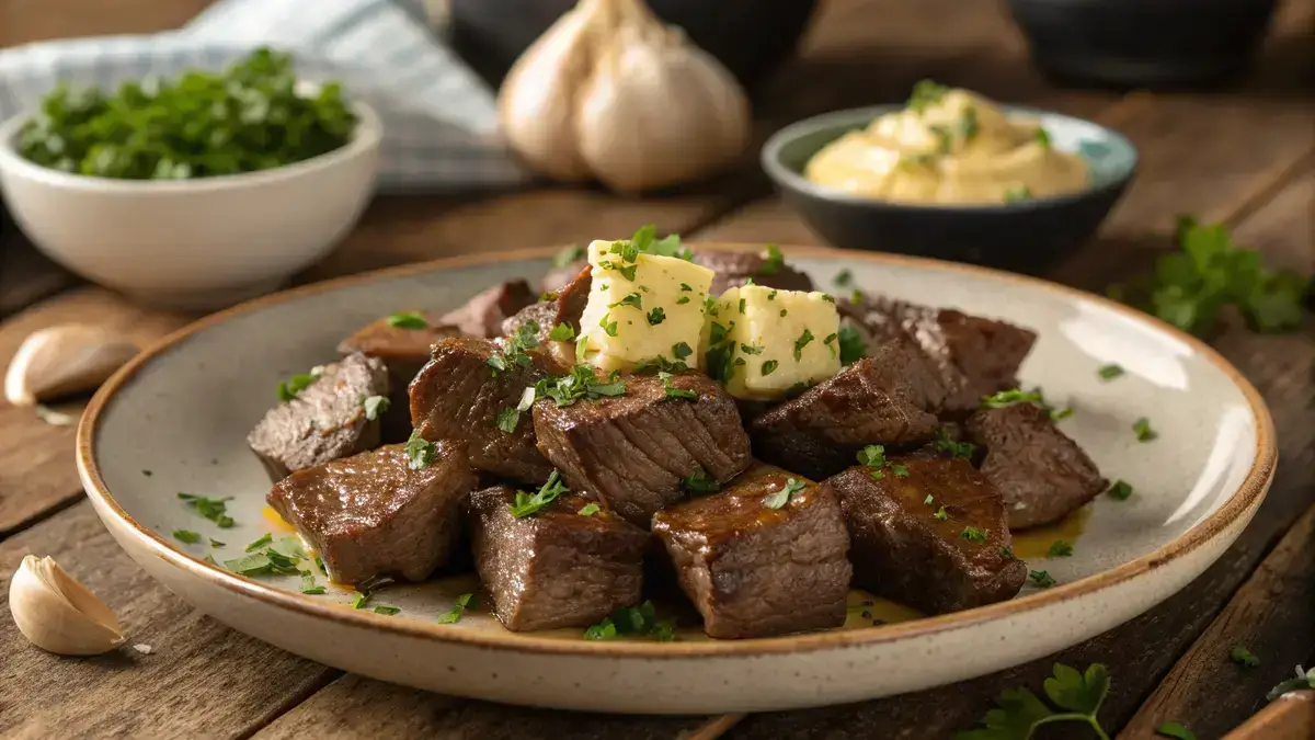 Delicious garlic butter steak bites served on a plate with parsley garnish.