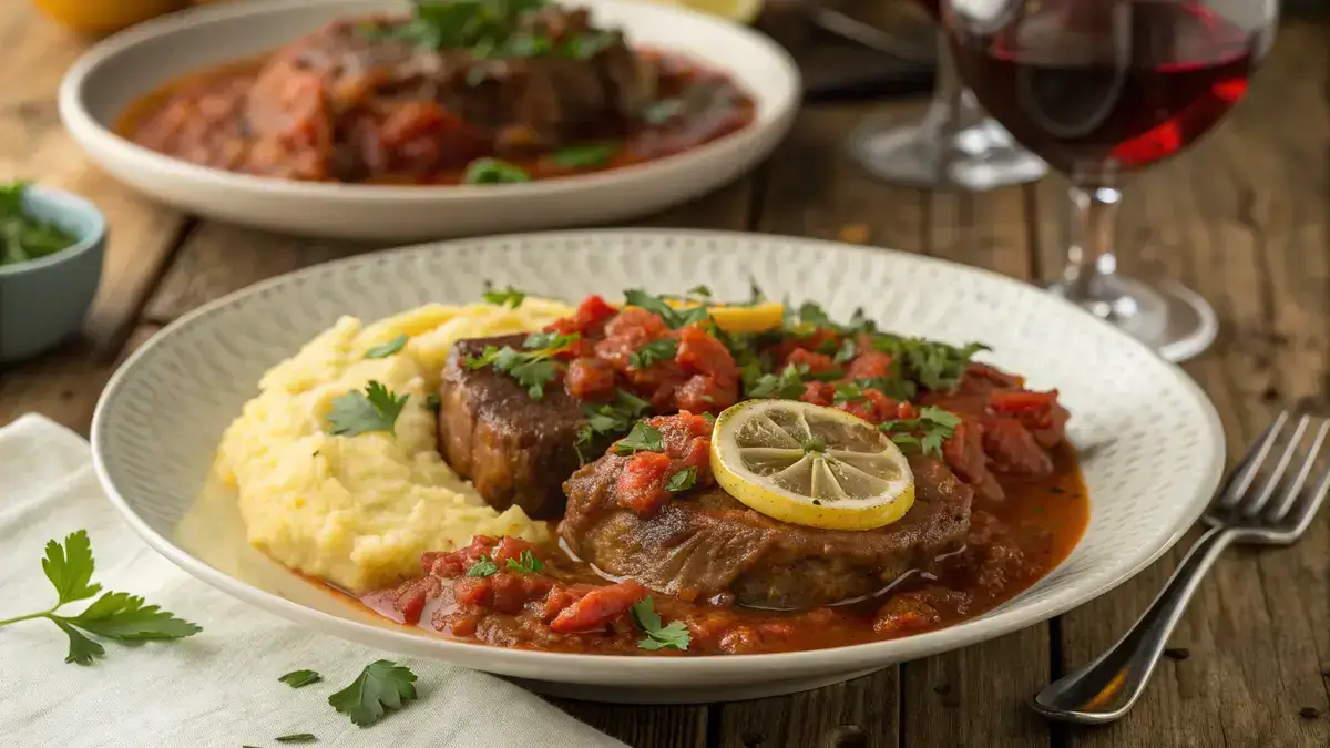 Delicious osso buco served with creamy polenta and garnished with parsley.