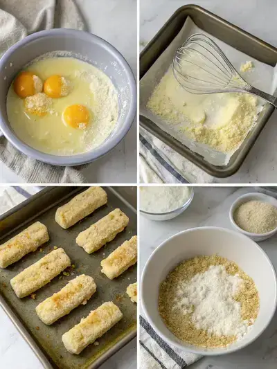 Step-by-step process of making Air Fryer Mozzarella Sticks, including frozen mozzarella, egg mixture, flour and breadcrumb bowls, and air fryer setup.