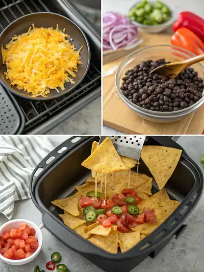 Step-by-step process of making air fryer nachos, including preheating the air fryer, arranging tortilla chips, adding toppings, and spraying with olive oil.