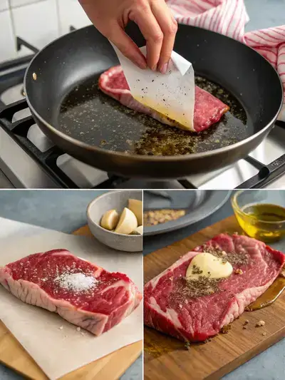 Step-by-step preparation of angus beef steak, including seasoning, searing, and basting.