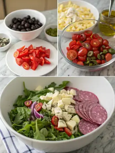 A step-by-step visual guide to making antipasto salad, showcasing fresh ingredients, mixing, and dressing the salad.