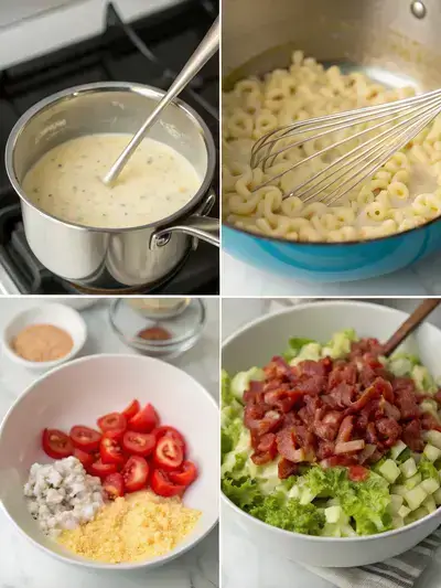 Step-by-step preparation of BLT macaroni salad, showcasing cooking macaroni, making dressing, combining ingredients, and tossing the salad.