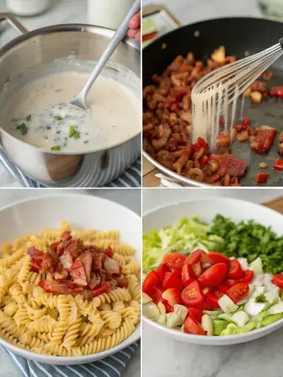 Step-by-step preparation of BLT pasta salad, including cooking pasta, crisping bacon, making dressing, and combining ingredients.