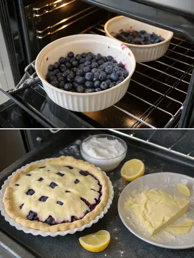 A step-by-step visual guide to making blueberry pie, showing the oven preheating, blueberry filling preparation, pie assembly, and top crust placement.