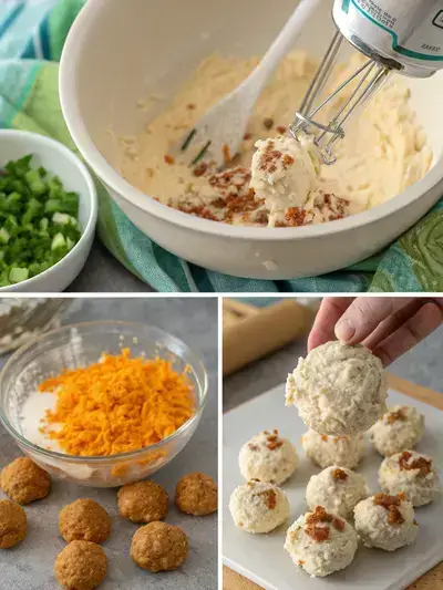 A step-by-step visual guide to making cheese ball bites, showcasing the mixing, forming, and coating processes.