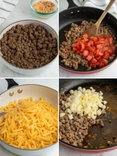 A step-by-step visual guide for making cheeseburger macaroni, showcasing the cooking process from browning ground beef to adding cheese.