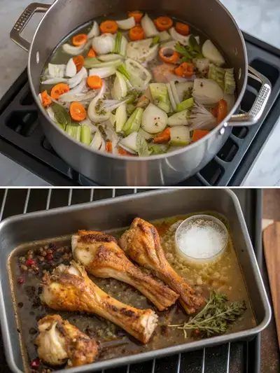 A step-by-step visual guide to making chicken bone broth, featuring roasted bones, fresh vegetables, and simmering broth.