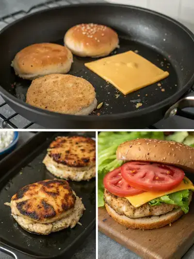 Step-by-step images of preparing a chicken patty sandwich, including preheating the skillet, toasting buns, cooking chicken patties, and assembling the sandwich.