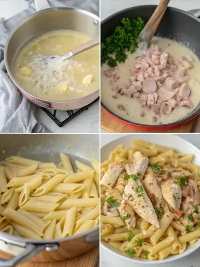 Step-by-step preparation of crack chicken penne pasta, showcasing cooking pasta, sautéing onions, adding garlic, and the final dish garnished with parsley.