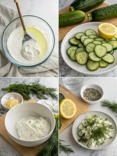 Four-step process of making cucumber bites, including washing cucumbers, preparing cream cheese mixture, assembling bites, and garnishing.