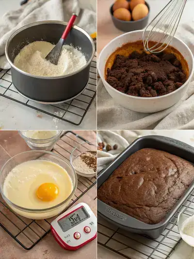 Four-step process of making Dark Chocolate Cake, including preheating the oven, mixing dry ingredients, combining wet ingredients, and pouring batter into pans.