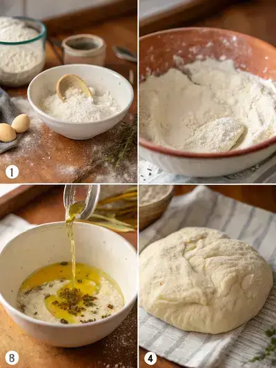 Step-by-step process of making focaccia bread, including mixing dry ingredients, adding wet ingredients, kneading dough, and letting it rise.