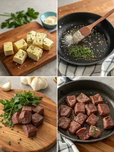Four-step process of making garlic butter steak bites, including cutting steak, melting butter, adding garlic and steak, and serving the final dish.