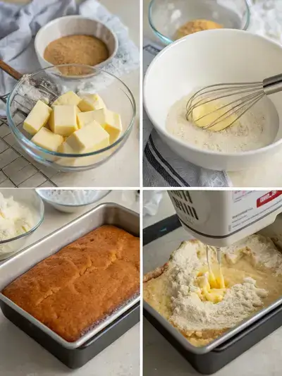 Step-by-step process of making a German cake, including preheating the oven, mixing dry ingredients, creaming butter and sugar, and pouring batter into a pan.
