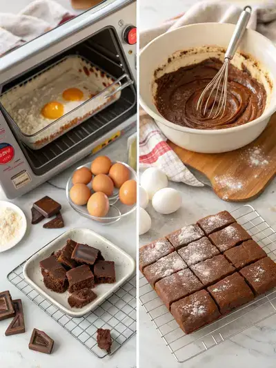 Four-step process of making 3 ingredient brownies, showcasing preheating the oven, mixing ingredients, pouring batter into a pan, and cooling baked brownies.
