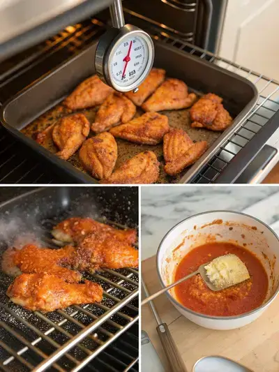 A step-by-step visual guide to making buffalo chicken wings, featuring preheating the oven, seasoning the wings, cooking them, and preparing the sauce.