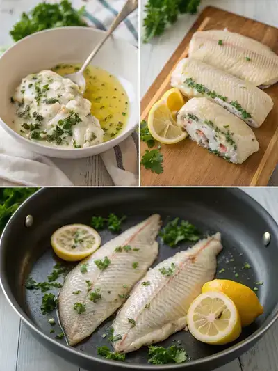 A step-by-step visual guide to making stuffed sole, showcasing the filling preparation, stuffing process, searing, and final presentation.