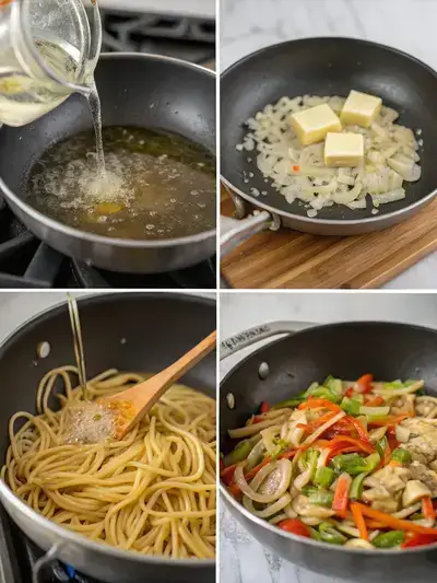 Step-by-step preparation of hibachi noodles, showcasing cooking noodles, sautéing aromatics, and the final dish with vegetables.