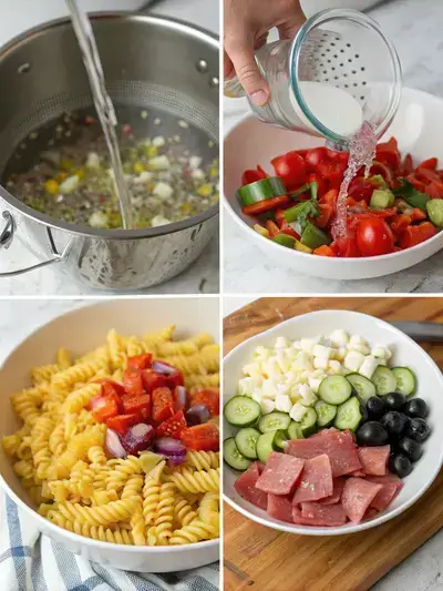 A step-by-step visual guide to making Italian Pasta Salad, featuring cooking pasta, rinsing, chopping vegetables, and mixing ingredients.