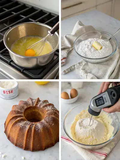 Four-step process of making lemon bundt cake, including preheating the oven, preparing the bundt pan, mixing dry ingredients, and creaming butter and sugar.