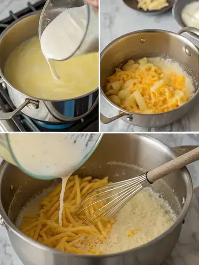 Step-by-step process of making Macaroni and Cheese, including boiling macaroni, making roux, adding milk, and melting cheese.