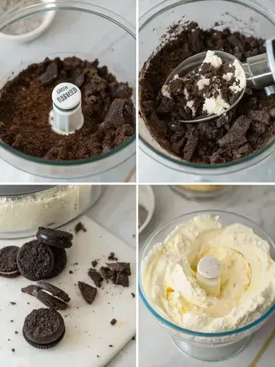 Step-by-step process of making No Bake Oreo Dessert, including crushed Oreos, crust preparation, cream cheese mixture, and whipped cream folding.
