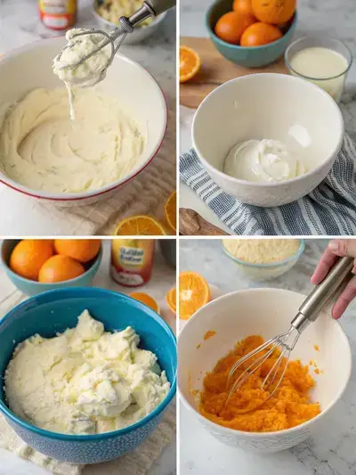 Step-by-step preparation of orange fluff dessert, showcasing mixing cream cheese, adding pudding, folding in whipped topping, and final mixture with oranges and marshmallows.