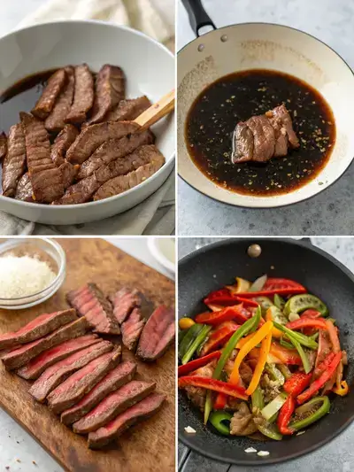 Step-by-step preparation of Pepper Steak, showcasing marinating, cooking, and final presentation.
