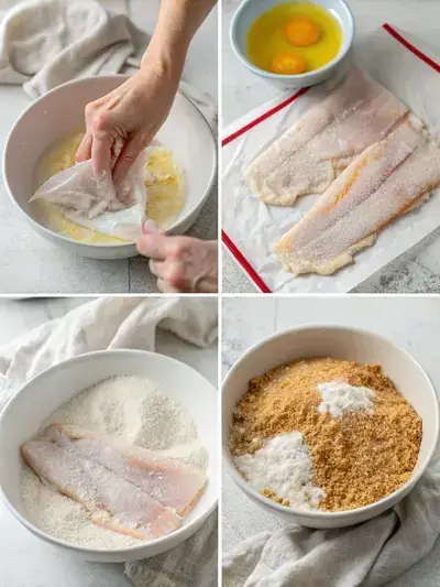 Four-step process of preparing pollock fish, including drying fillets, mixing flour, beating eggs, and preparing breadcrumbs.