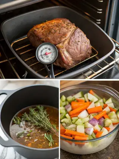 A step-by-step visual guide for preparing a bone in chuck roast, showcasing the preheating of the oven, searing the roast, cooking vegetables, and combining ingredients for braising.