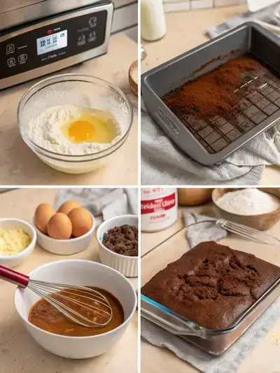 Four-step process of making Chocolate Mayonnaise Cake, showing preheating oven, prepared baking pan, mixed dry ingredients, and combined wet ingredients.