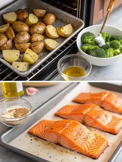 A step-by-step visual guide for preparing salmon meal prep, featuring preheating the oven, preparing potatoes, seasoning salmon, and a colorful mix of roasted ingredients.