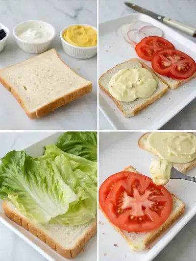 A step-by-step visual guide for making a sandwich, showcasing bread, condiments, lettuce, and tomatoes.