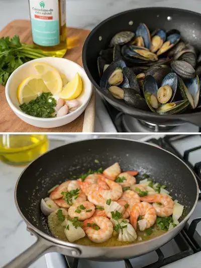 A step-by-step visual guide to preparing seafood mix, showcasing thawed seafood, heating olive oil, sautéing garlic, and the final cooked dish.