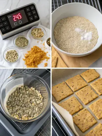 Four-step process of making seed crackers, including preheating the oven, mixing seeds, spreading the mixture, and cooling the baked crackers.